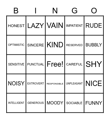 PERSONALITY TRAITS Bingo Card