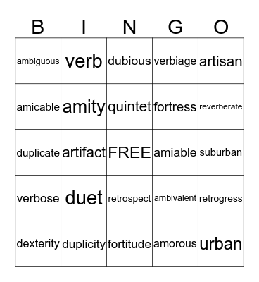 Vocabulary Bingo Card