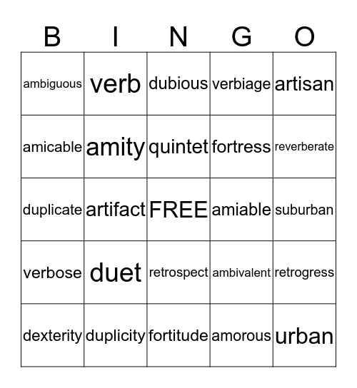 Vocabulary Bingo Card