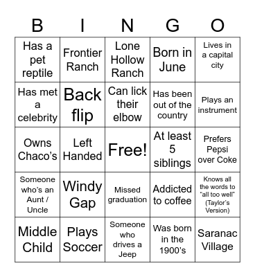Trail West Lodge Bingo Card