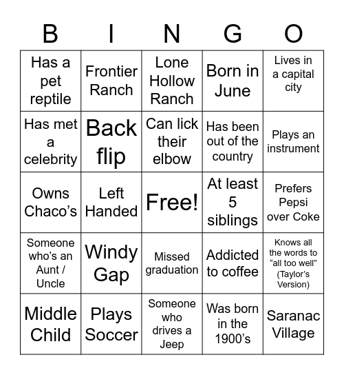 Trail West Lodge Bingo Card