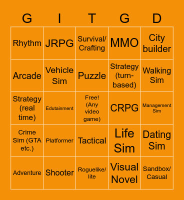 Video Game Genres Bingo Card