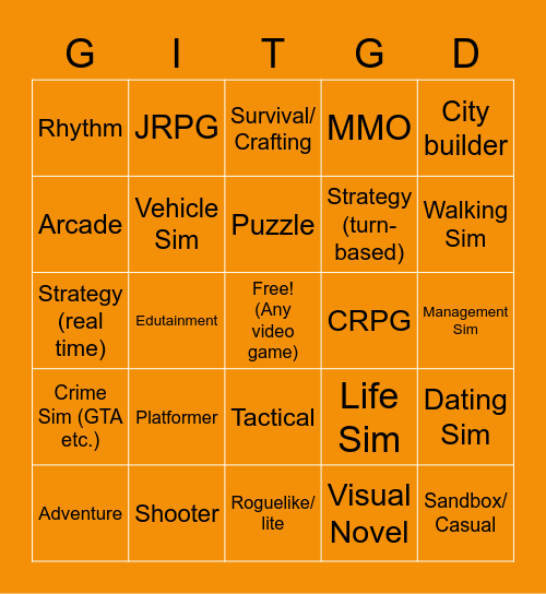 Video Game Genres Bingo Card