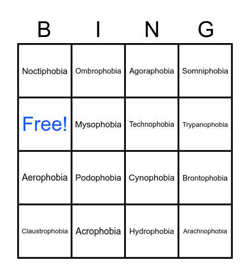 Phobias Bingo Card