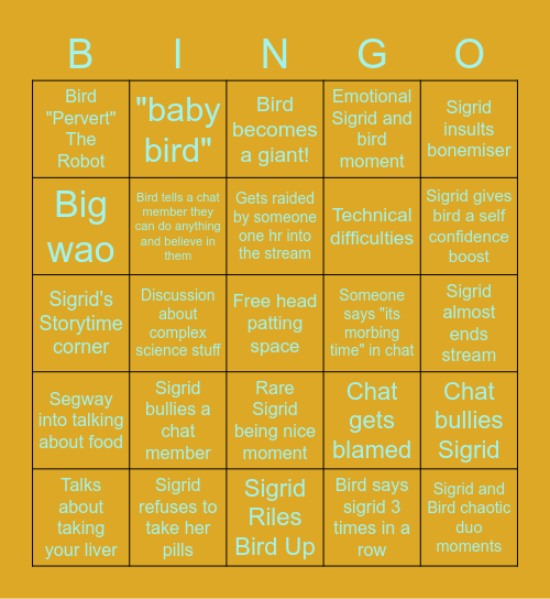 SigridAndBird Bingo Card