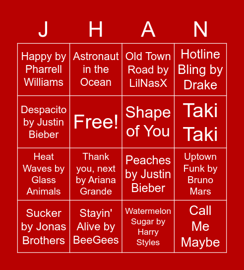 Jhan Jhan Dance Recital's Music Bingo Card