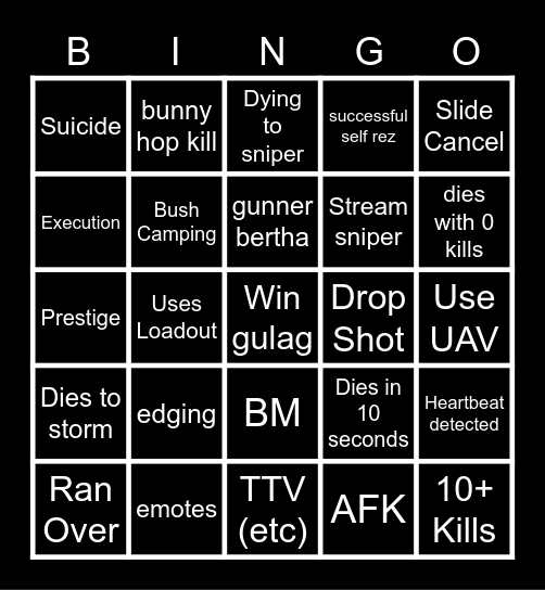 Cherribo Warzone Bingo Card