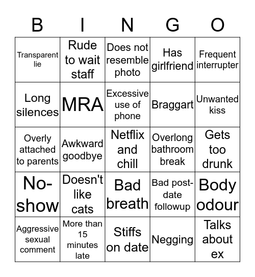 Bad Date Bingo Card