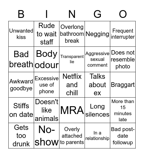 Bad Date Bingo Card