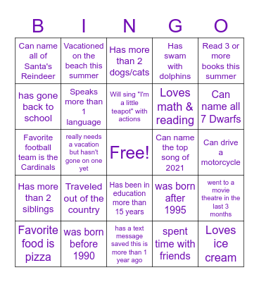Welcome Back Bingo Card