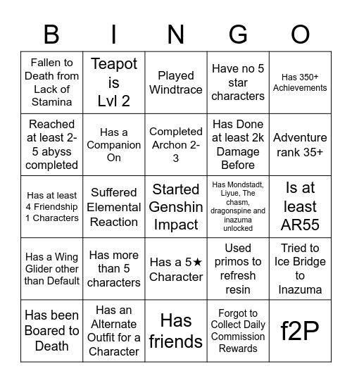 Genshin Impact Bingo Card