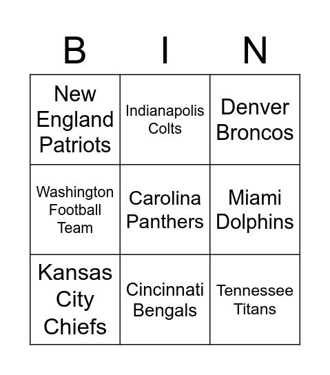 NFL BINGO Card