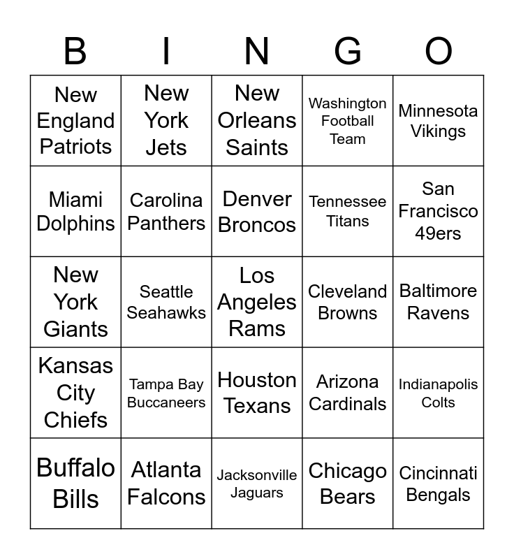 NFL BINGO Card