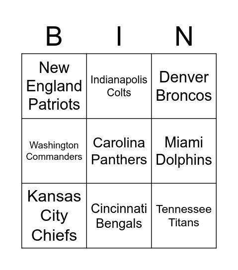 NFL BINGO Card