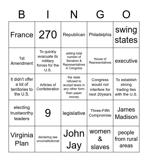 U.S. Government Unit 4 Exam Review Bingo Card