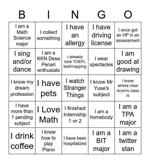 Advisory L "Get To Know Me" Bingo Card