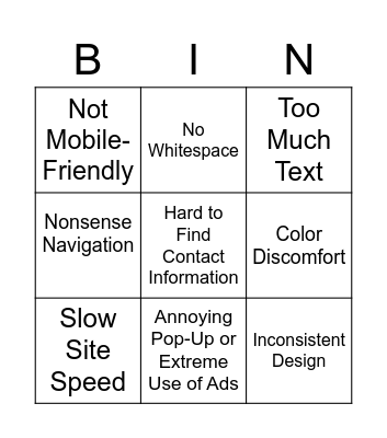 Bad Website Bingo Card