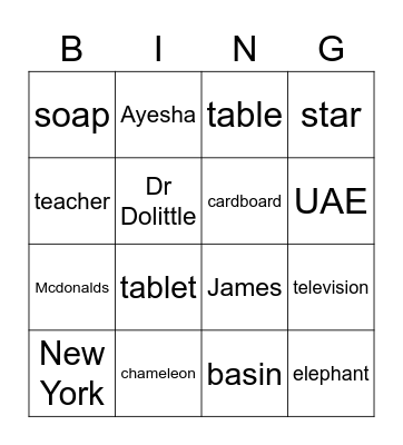 Common Nouns & Proper Nouns Bingo Card