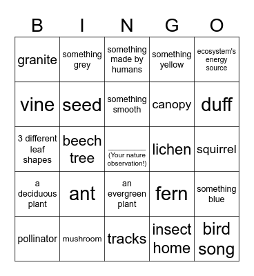 Nature Bingo Card