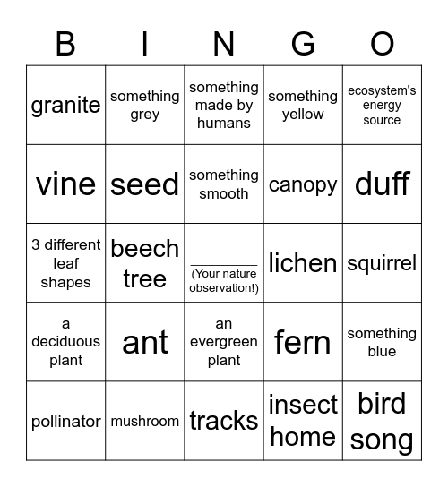 Nature Bingo Card