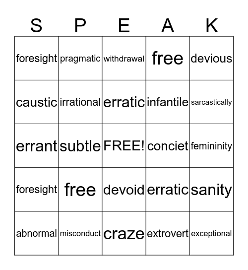 Vocabulary: Behavior Bingo Card