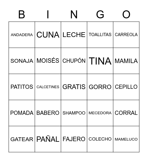 Baby Shower Bingo Card