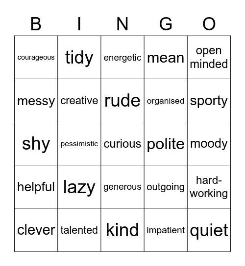 Personality traits Bingo Card