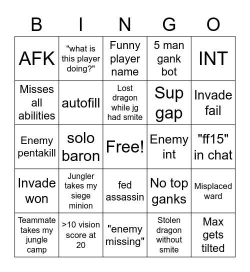 League of Legends BULLSHIT Bingo Card