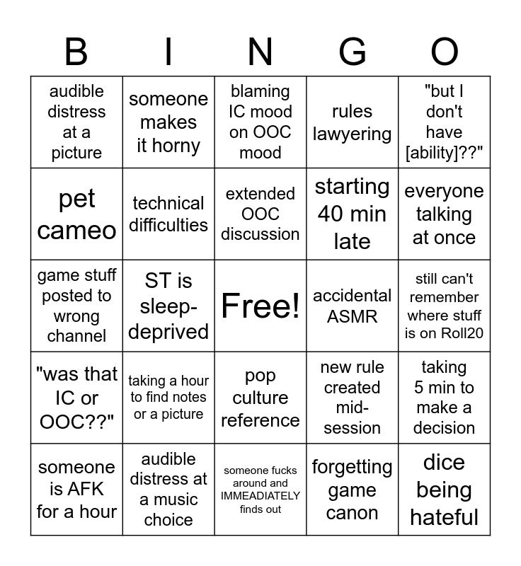 OOC - Shadows of the Raven Bingo Card