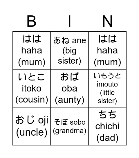 kazoku (family) Bingo Card