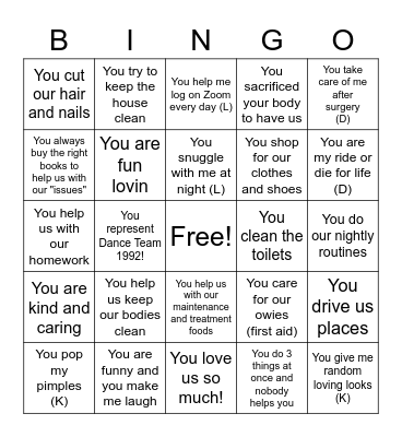 We Love Mommy Because.... Bingo Card