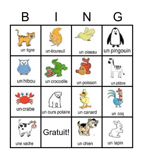 Les animaux Bingo Card