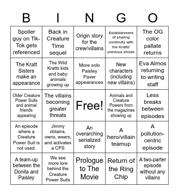 Wild Kratts Season 7 Bingo Card