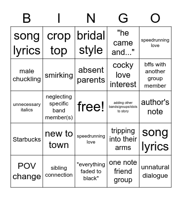 Band/Kpop Fanfiction Bingo Card