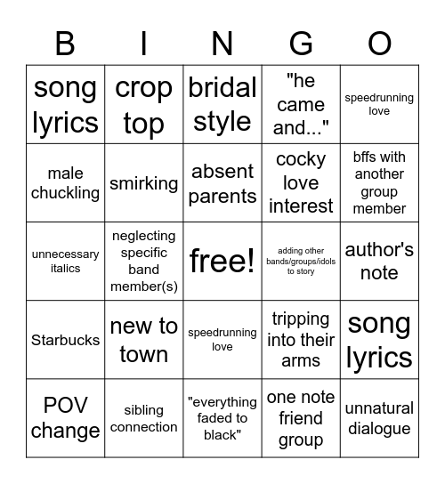 Band/Kpop Fanfiction Bingo Card