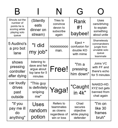youmus stream bingo Card