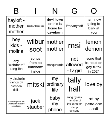14 year old's spotify bingo Card