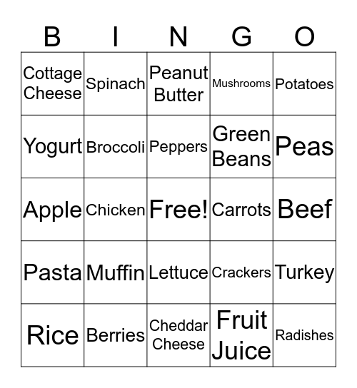 Nutrition Bingo Card