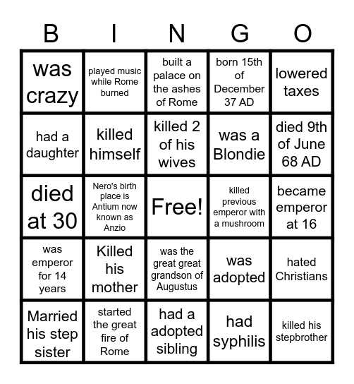 Nero Facts!!!!! Bingo Card