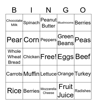 Nutrition Bingo Card