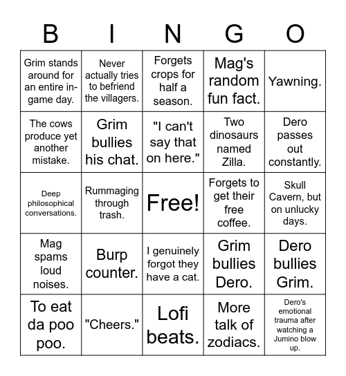 Dero & Grim Stardew Valley Streams Bingo Card