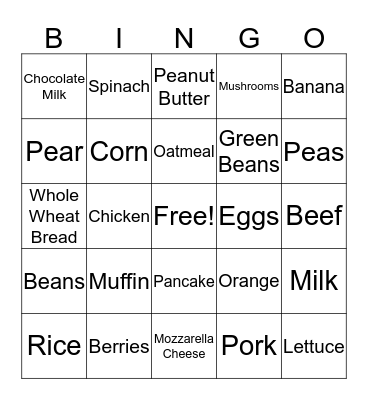 Nutrition Bingo Card