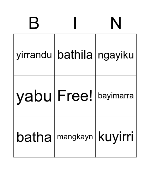 Mitakoodi Word Bingo Card