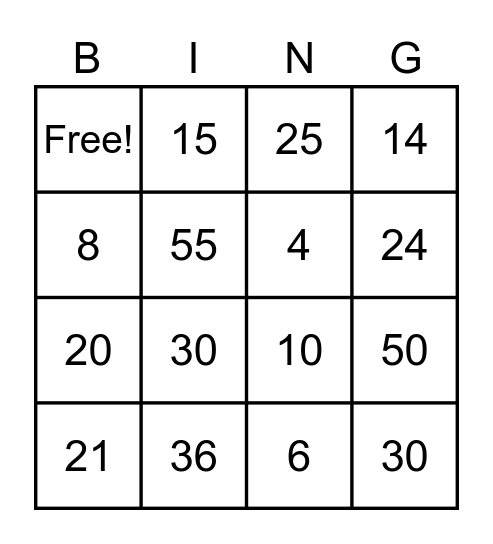 Division Bingo Card