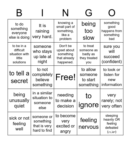 English Idioms! Bingo Card