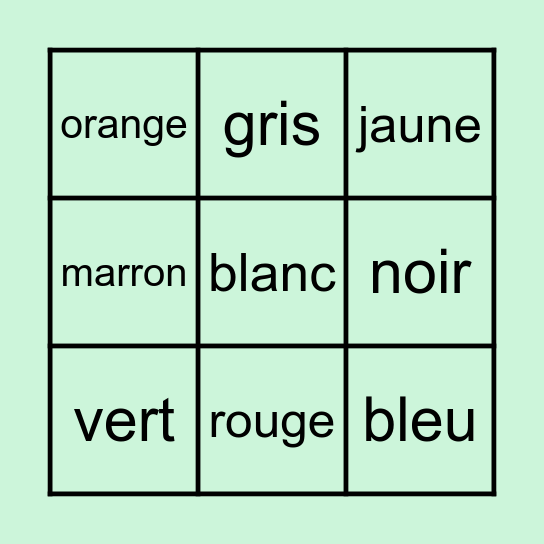 Les couleurs Bingo Card