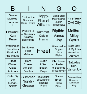 Summer Songs BINGO Card
