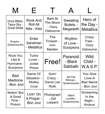 Heavy Metal Bingo Card
