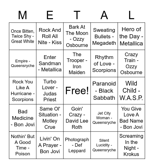 Heavy Metal Bingo Card