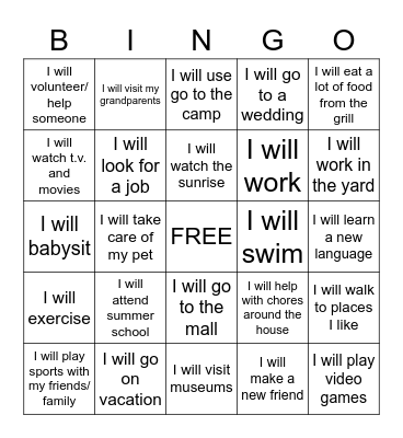 summer plans Bingo Card